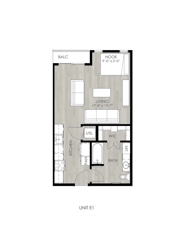 E1 floor plan, 1 bedroom, 543 sq ft