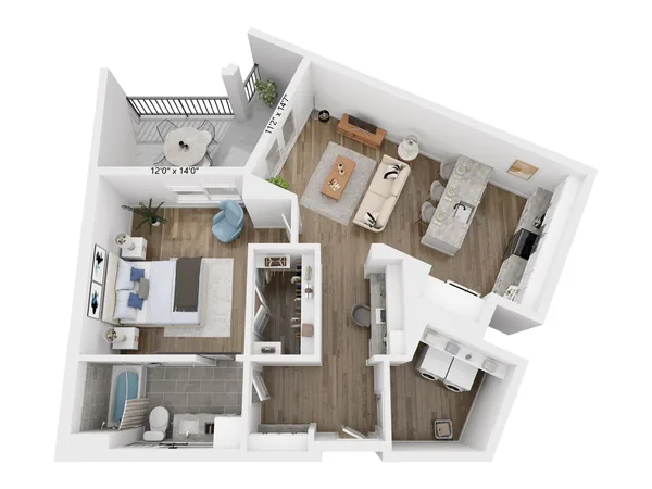 A14 floor plan, 1 bedroom, 876 sq ft
