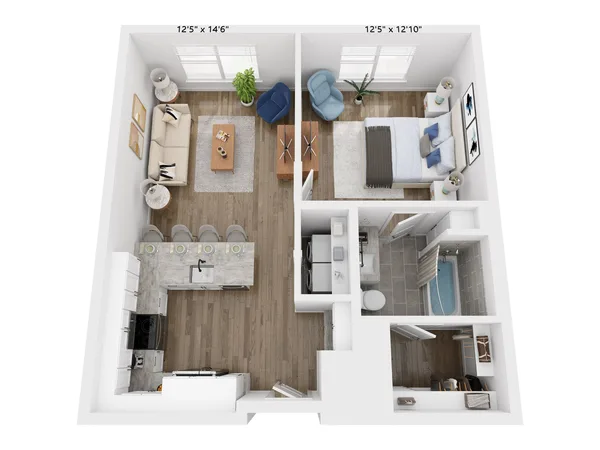 A3 floor plan, 1 bedroom, 688 sq ft
