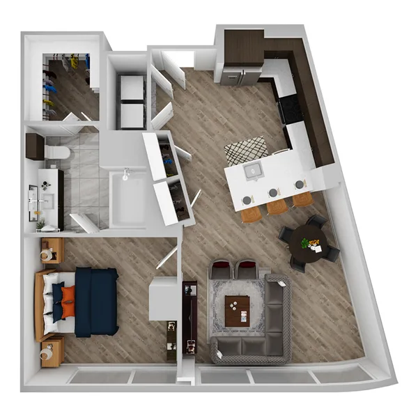 E floor plan, 1 bedroom, 710 sq ft