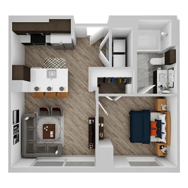 B floor plan, 1 bedroom