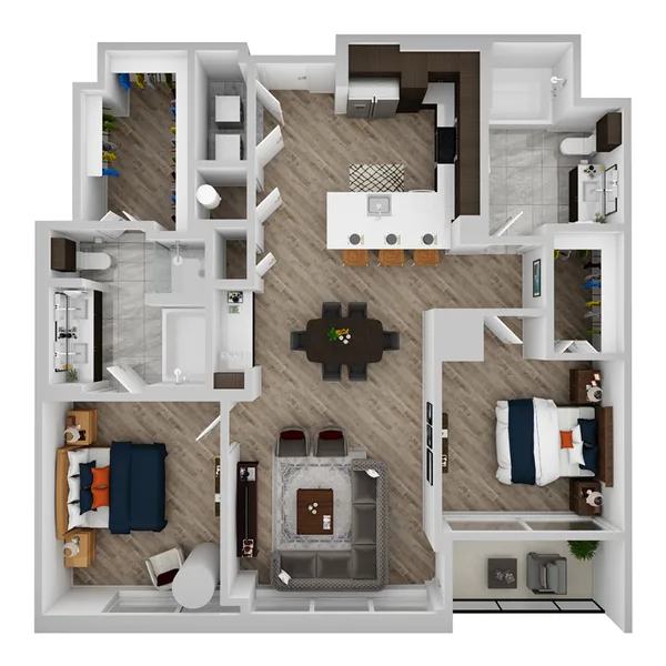 N floor plan, 2 bedroom, 1,233 sq ft