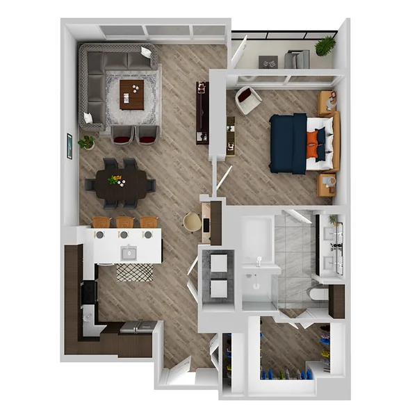 K floor plan, 1 bedroom