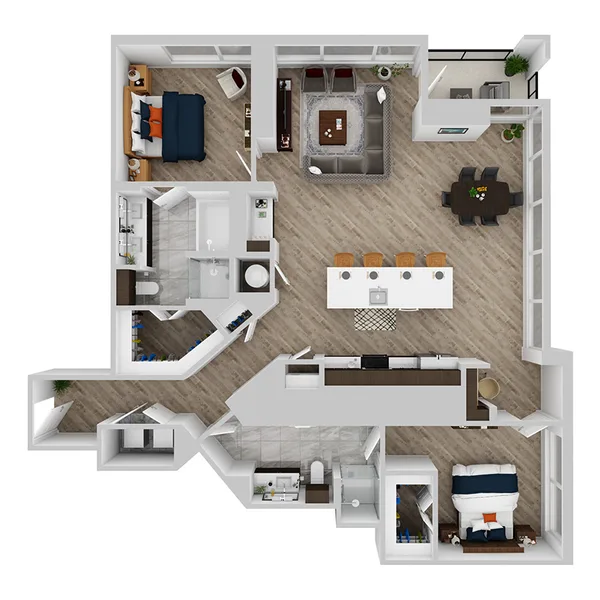 T floor plan, 2 bedroom, 1,566 sq ft