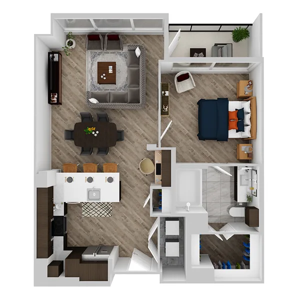 H floor plan, 1 bedroom, 834 sq ft