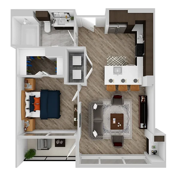 F floor plan, 1 bedroom, 713 sq ft