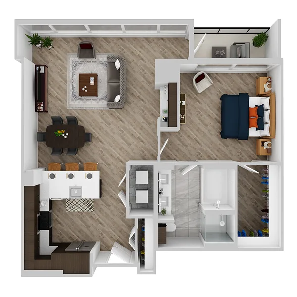 L floor plan, 1 bedroom