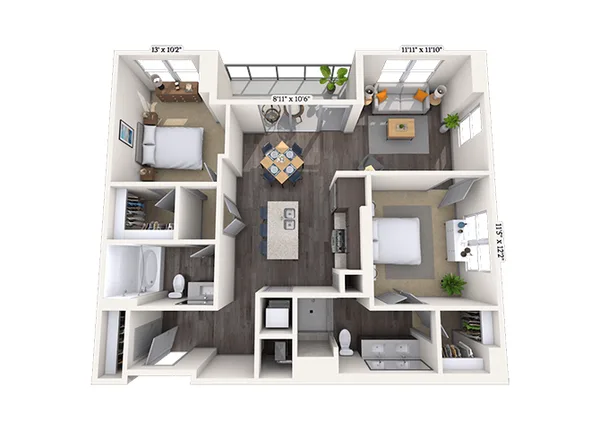 Traditional 2x2 1033-1121 SF floor plan, 2 bedroom, 1,121 sq ft