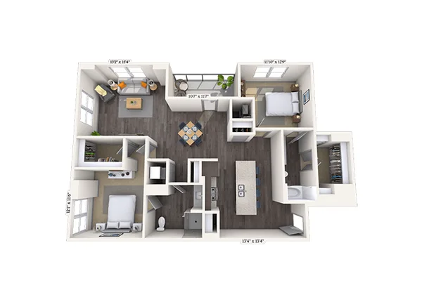 Traditional 2x2 1325 SF floor plan, 2 bedroom