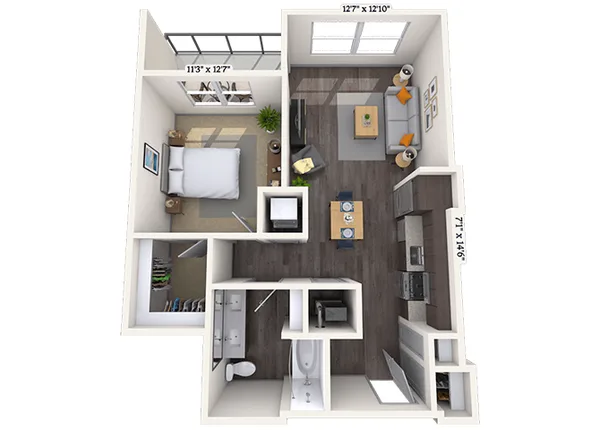 Traditional 1x1 737 SF floor plan, 1 bedroom, 737 sq ft