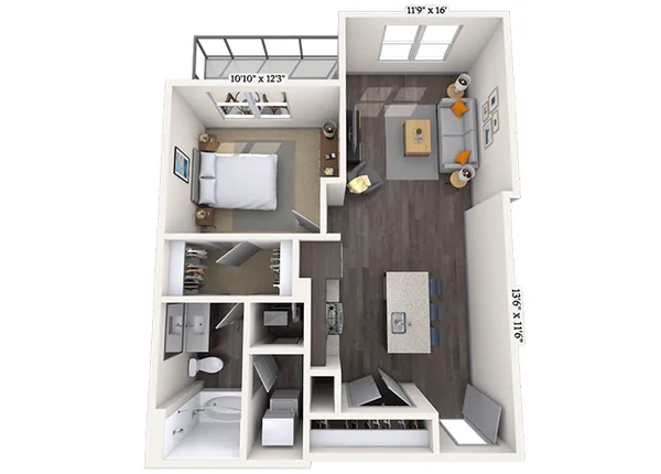 Traditional 1x1 717 SF floor plan, 1 bedroom