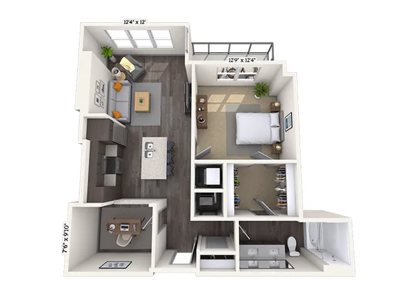 Traditional 1x1 859-866 SF floor plan, 1 bedroom, 859 sq ft