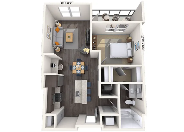 Traditional 1x1 716 SF floor plan, 1 bedroom, 716 sq ft