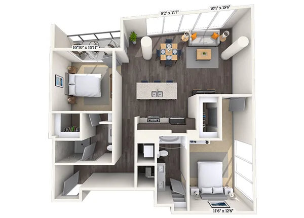 Traditional 2x2 1198 SF floor plan, 2 bedroom, 1,198 sq ft