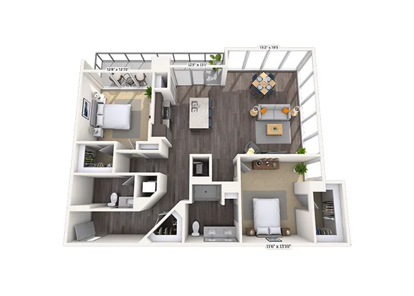 Traditional 2x2 1415 SF floor plan, 2 bedroom, 1,415 sq ft