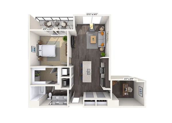 Traditional 1x1 929 SF floor plan, 1 bedroom