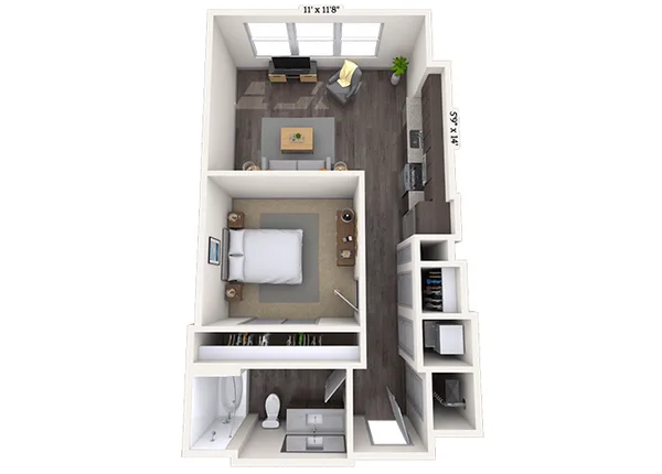 Studio 0x1 586-599 SF floor plan, studio, 586 sq ft