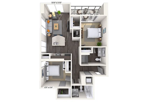 Traditional 2x2 987 SF floor plan, 2 bedroom