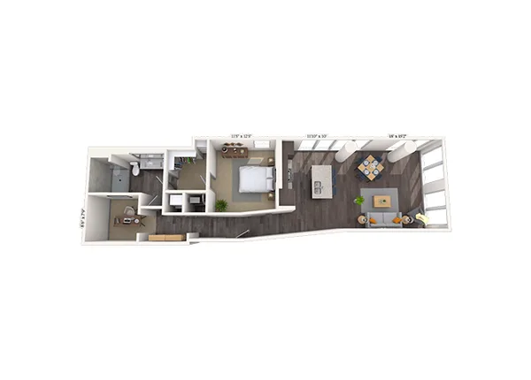 Traditional 1x1 1013 SF floor plan, 1 bedroom, 1,013 sq ft
