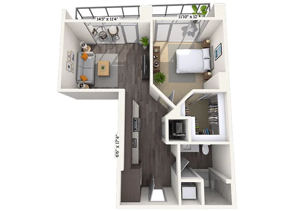 Traditional 1x1 639-739 SF floor plan, 1 bedroom, 739 sq ft