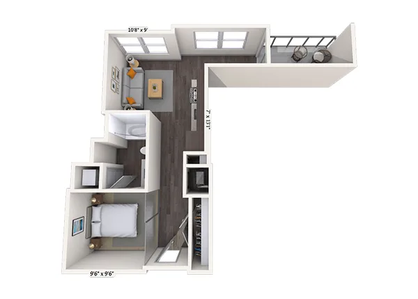 Studio 0x1 555 SF floor plan, studio, 555 sq ft