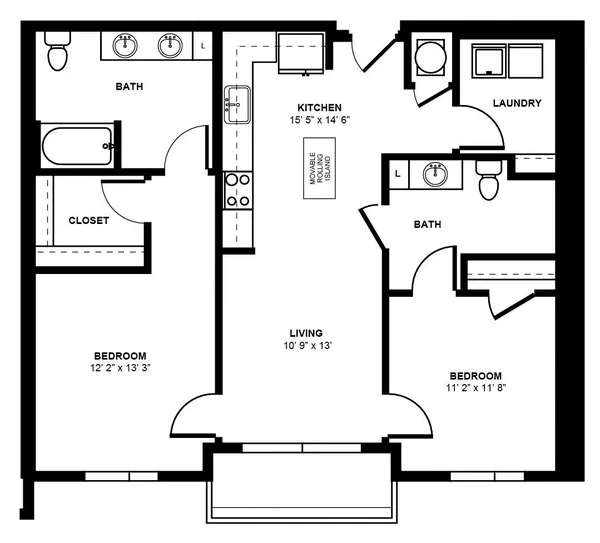 B2C floor plan, 2 bedroom, 1,127 sq ft