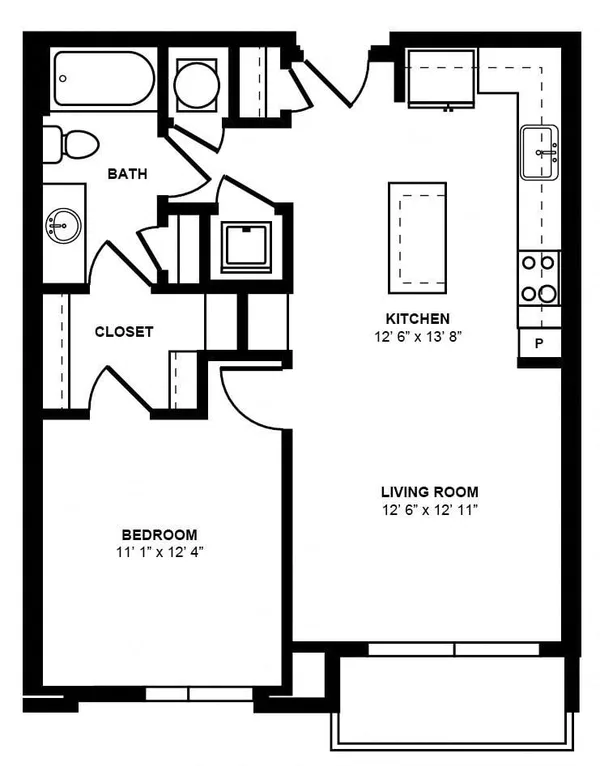 A1L floor plan, 1 bedroom, 724 sq ft