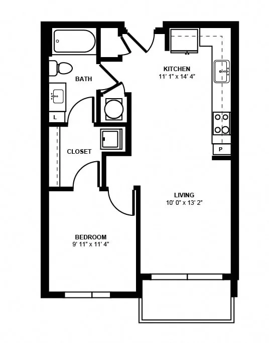 A1B floor plan, 1 bedroom, 616 sq ft