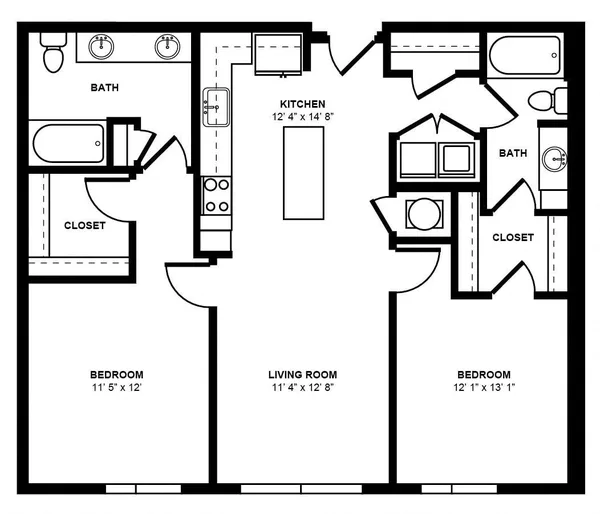 B2B floor plan, 2 bedroom, 1,090 sq ft
