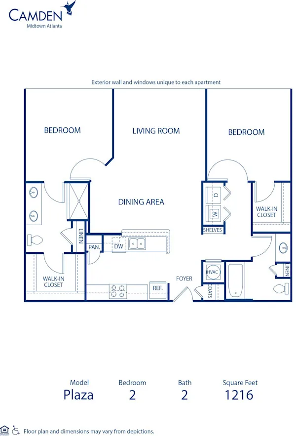 Plaza floor plan, 2 bedroom, 1,216 sq ft