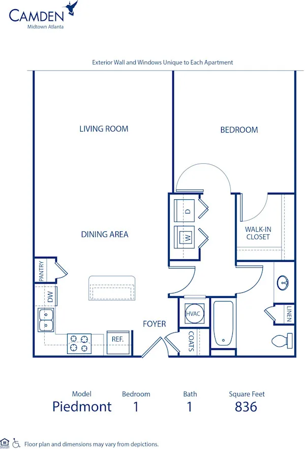 Piedmont floor plan, 1 bedroom, 836 sq ft