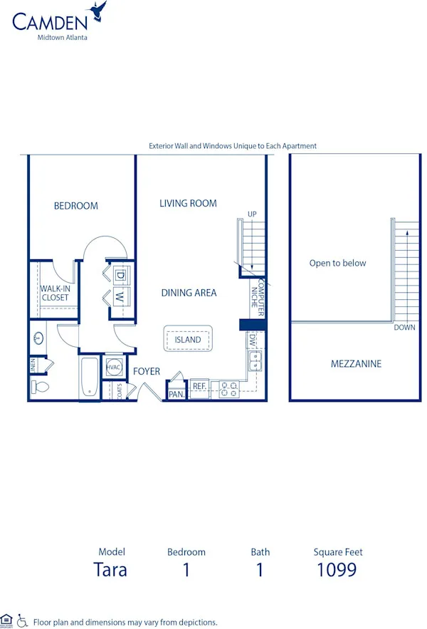 Tara floor plan, 1 bedroom, 1,099 sq ft