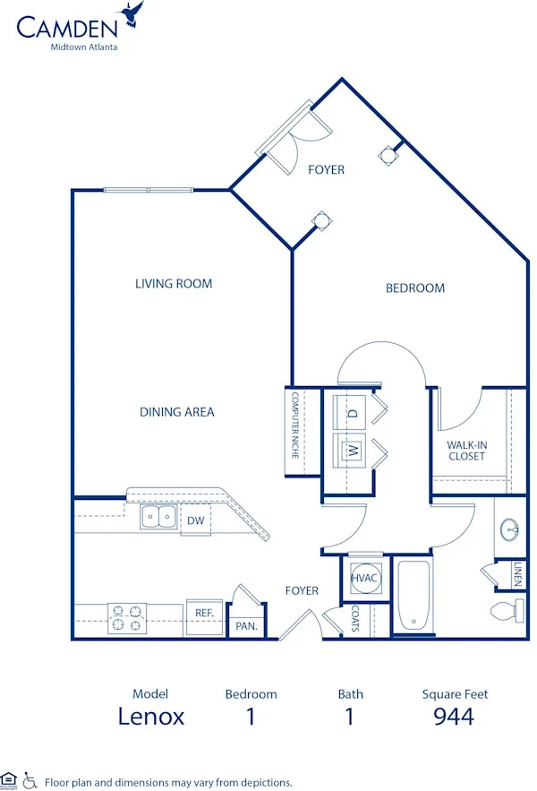 Lenox floor plan, 1 bedroom, 944 sq ft