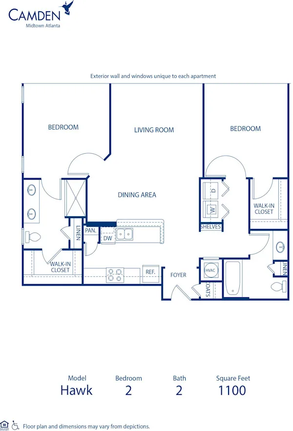 Hawk floor plan, 2 bedroom, 1,100 sq ft