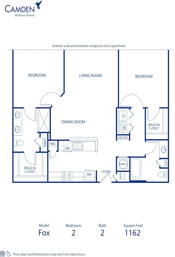Fox floor plan, 2 bedroom, 1,162 sq ft