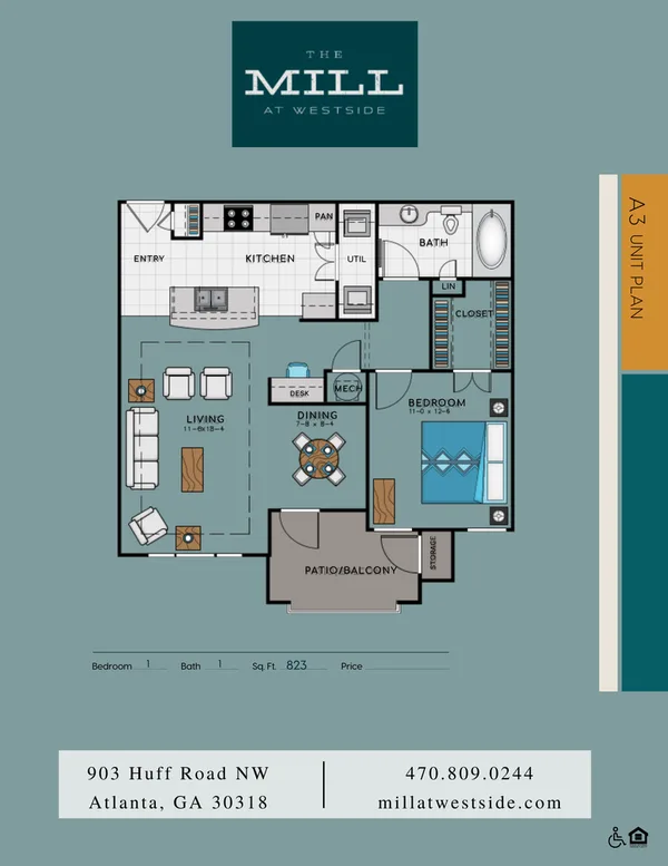 A3 floor plan, 1 bedroom, 823 sq ft