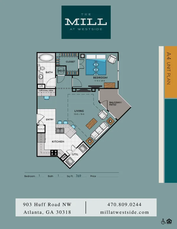 A4 floor plan, 1 bedroom, 769 sq ft