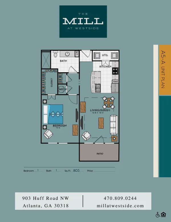 A5A floor plan, 1 bedroom, 803 sq ft