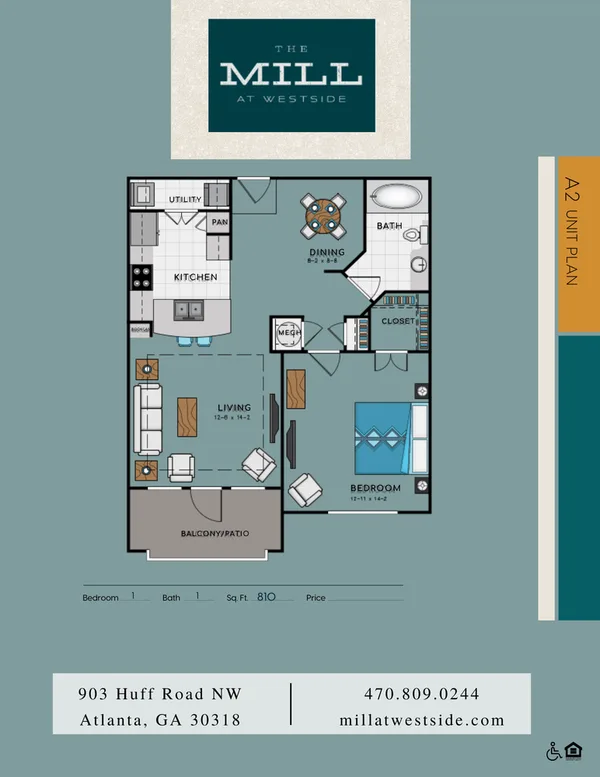 A2 floor plan, 1 bedroom, 810 sq ft