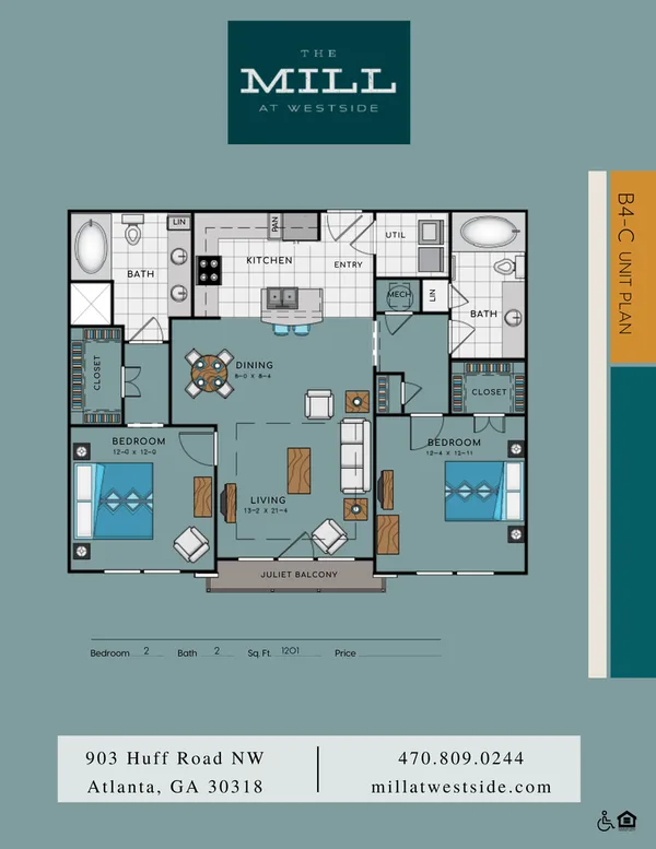 B4C floor plan, 2 bedroom, 1,201 sq ft