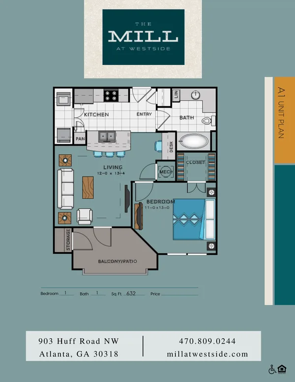A1 floor plan, 1 bedroom, 632 sq ft