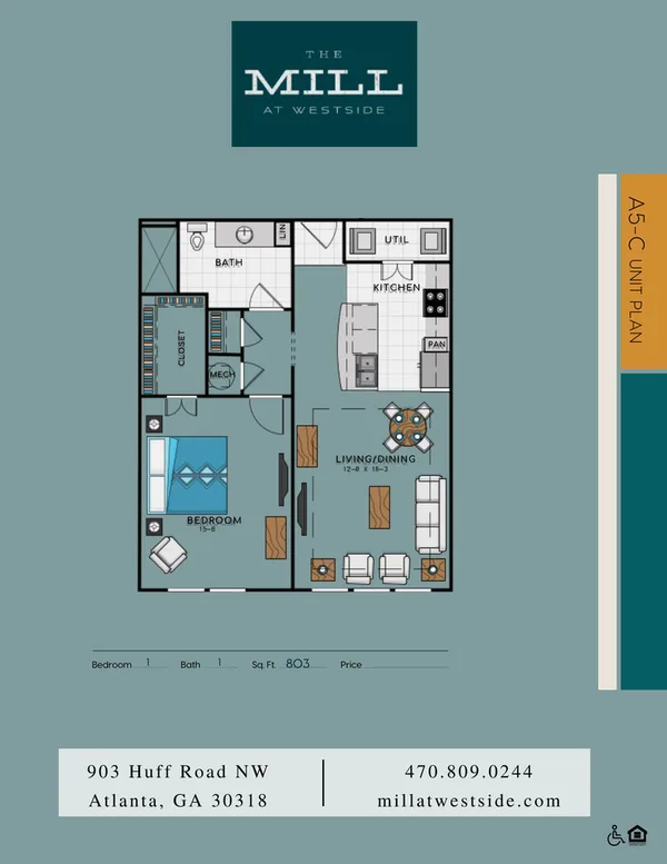 A5C floor plan, 1 bedroom, 803 sq ft