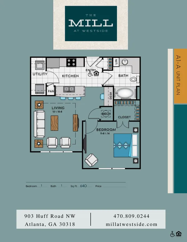 A1A floor plan, 1 bedroom, 640 sq ft