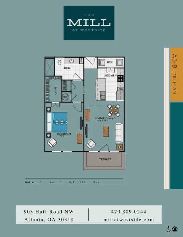 A5B floor plan, 1 bedroom, 803 sq ft