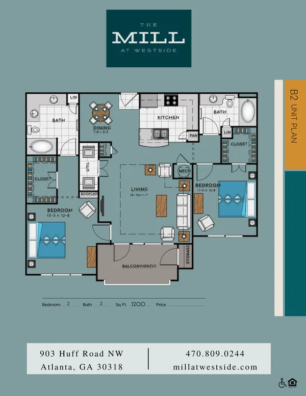 B2 floor plan, 2 bedroom, 1,200 sq ft