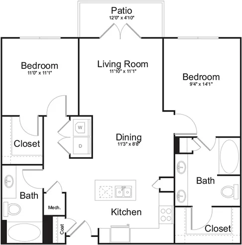 Piedmont floor plan, 2 bedroom, 1,046 sq ft