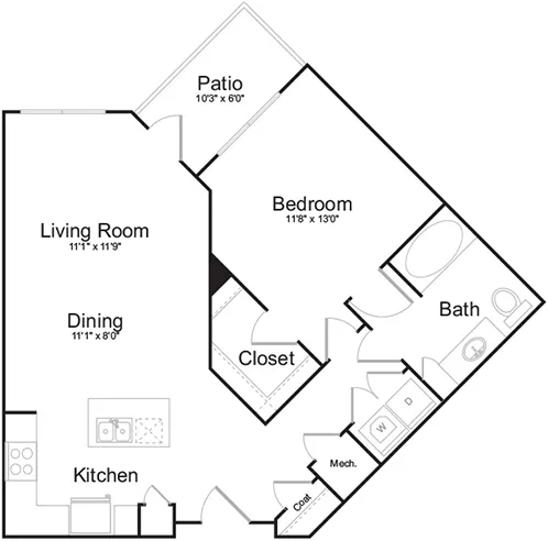 Loring floor plan, 1 bedroom, 845 sq ft