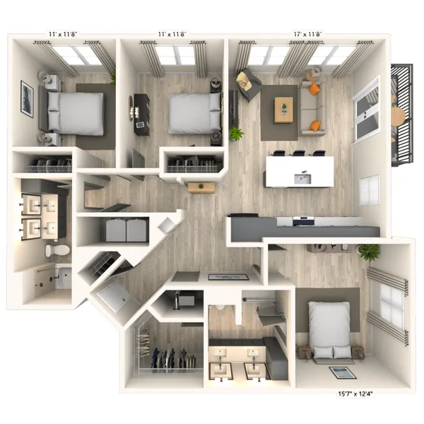 C1 3x2 1364 SF-FP floor plan, 3 bedroom, 1,364 sq ft
