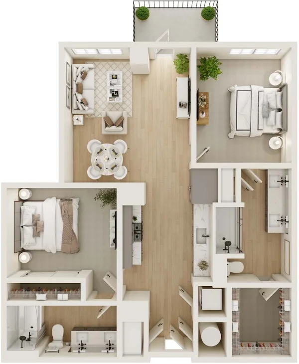 2D floor plan, 2 bedroom, 1,030 sq ft