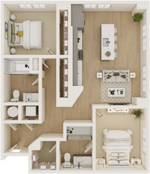 2B floor plan, 2 bedroom, 1,048 sq ft